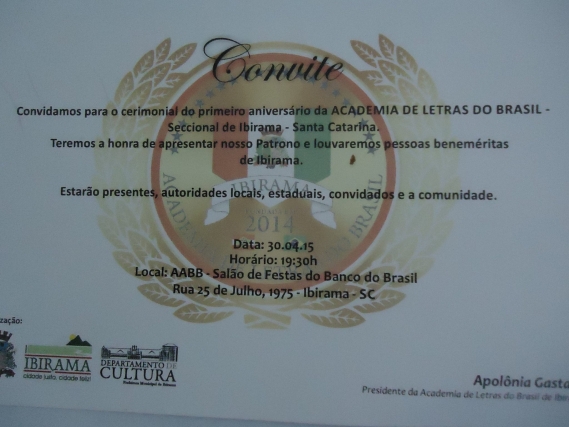 Cerimonial do primeiro aniversário da Academia de Letras do Brasil - Seccional de Ibirama.